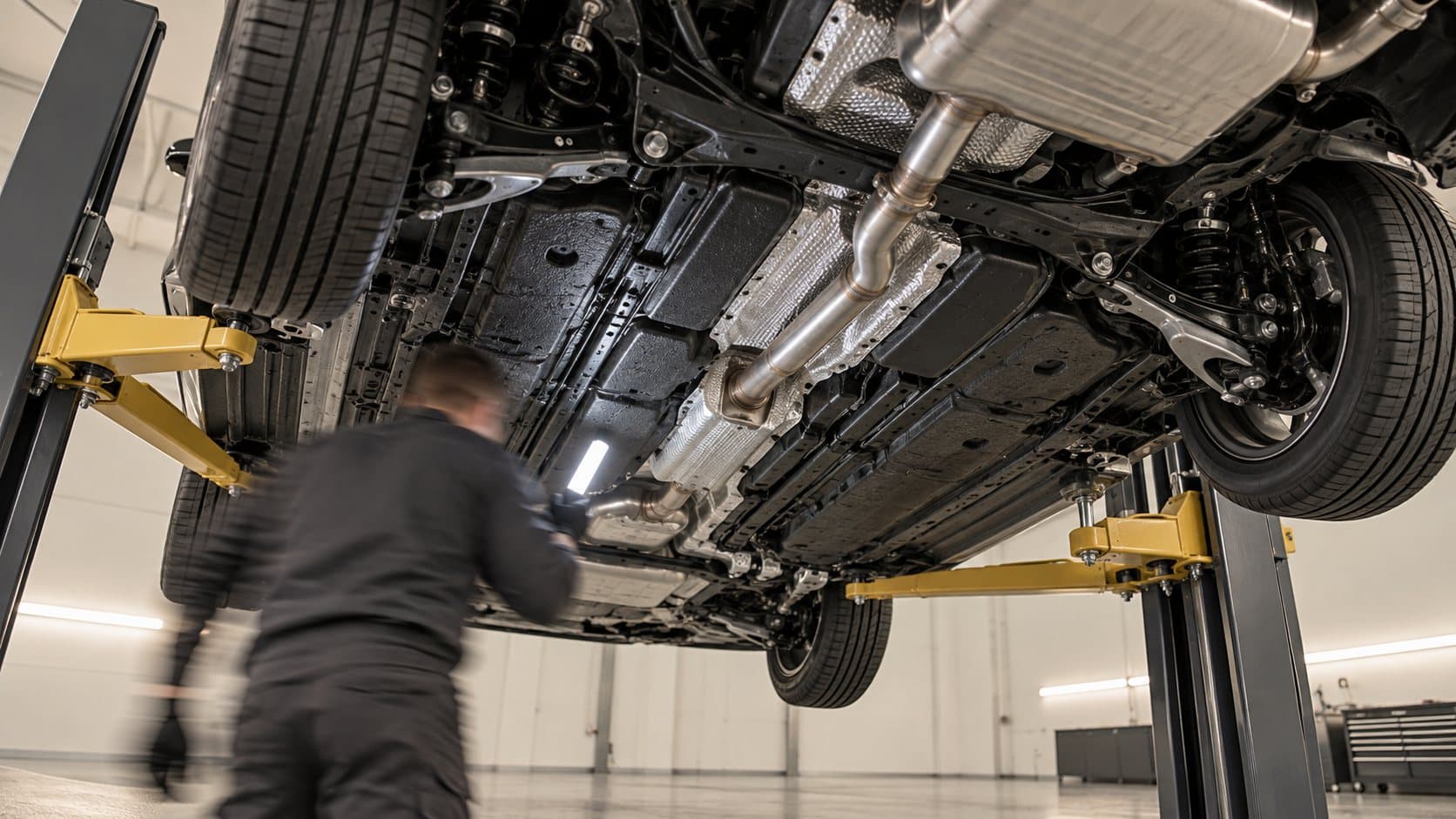 Technik kontroluje podvozok s pracovným svetlom